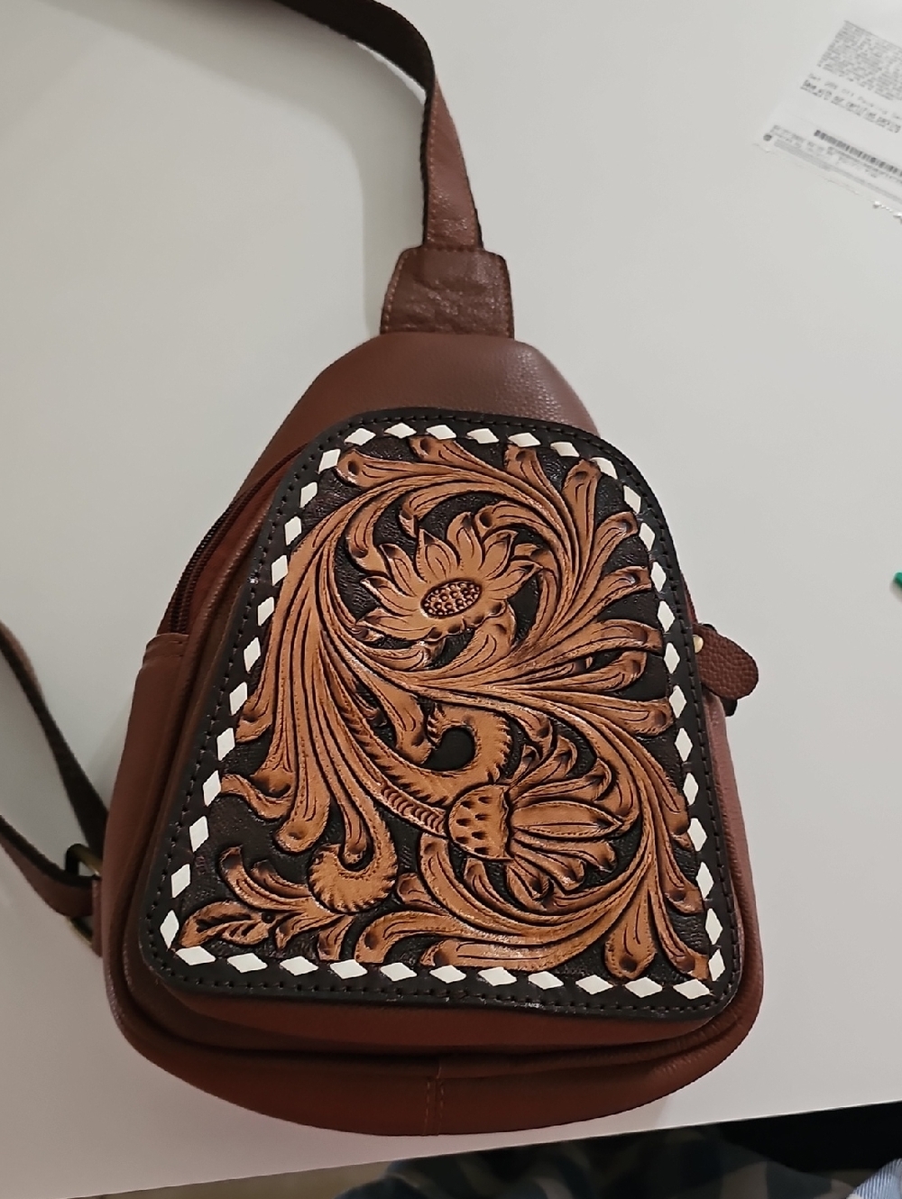 Brown Floral Tooled Leather Sling Bag